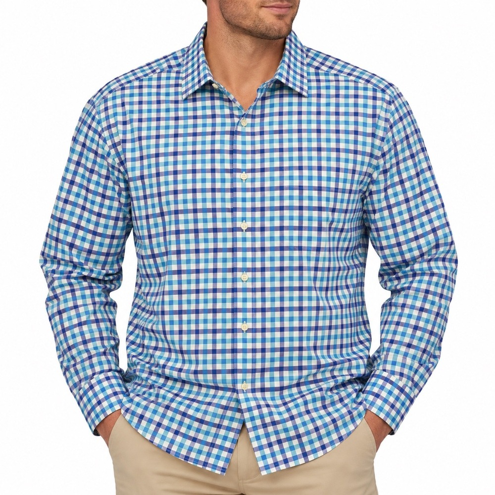 David Donahue Mens Trim Fit Blue Gingham Performance Stretch Dress Shirt XL/XXL